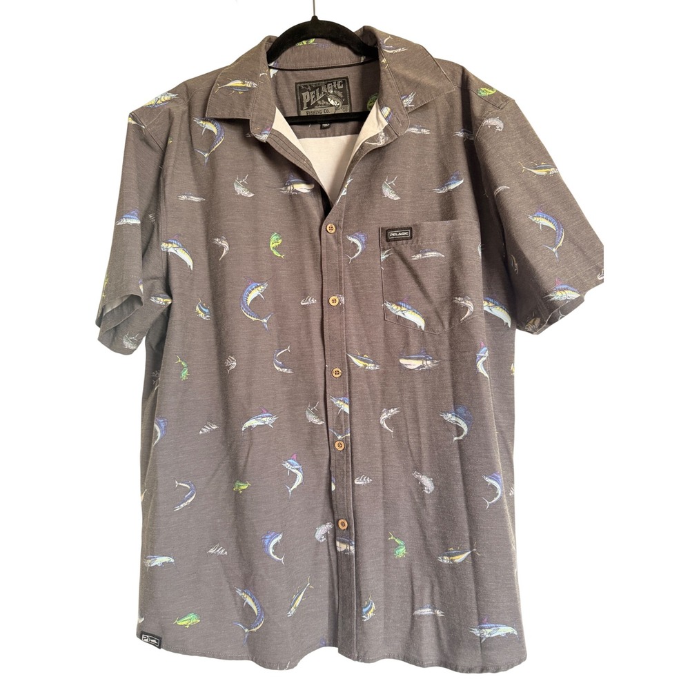Fishing Vacation Resort Pelagic Mens XL Grey Marlin‎ Button Down  Shirt
